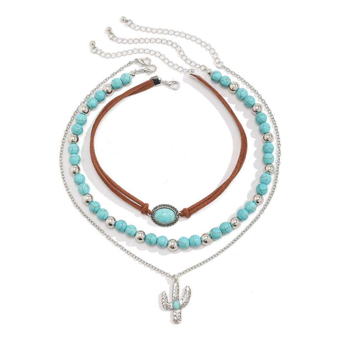 3-piece Set Of Cactus Turquoise Velvet Rope Necklace Set,Retro Niche Design Handmade Jewelry Trend_ipsvogv.com