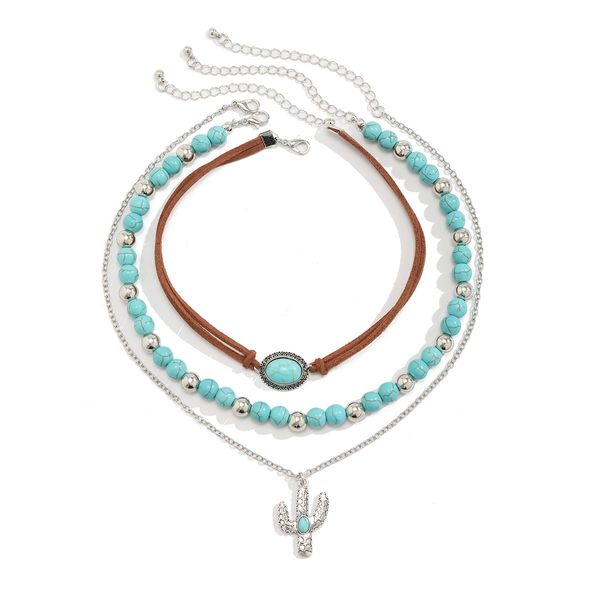 3-piece Set Of Cactus Turquoise Velvet Rope Necklace Set,Retro Niche Design Handmade Jewelry Trend_ipsvogv.com