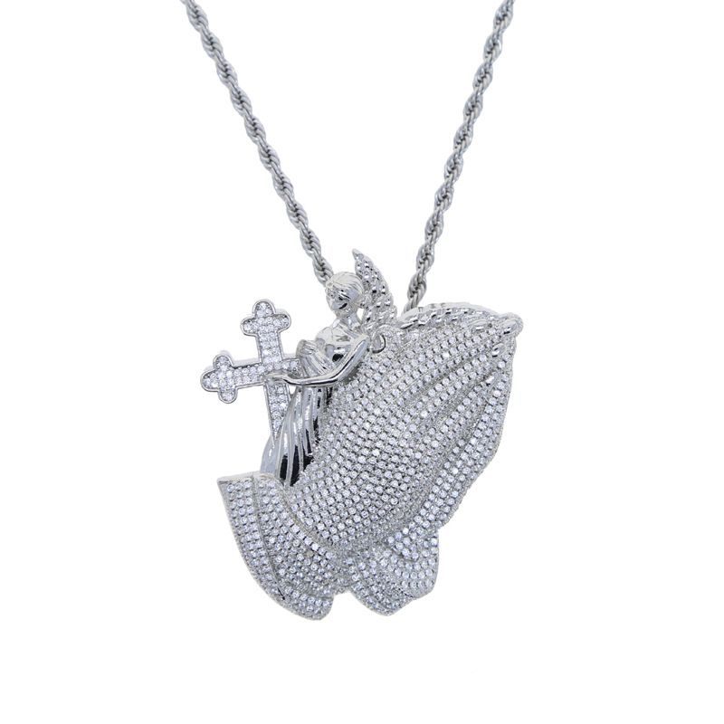 Men's Hip Hop Angel Cross Pendant Necklace With Prayer Hands Silver Gold Options - 61cm Chain Length Hip Hop Angel Hands Praying Pendant Necklace_ipsvogv.com