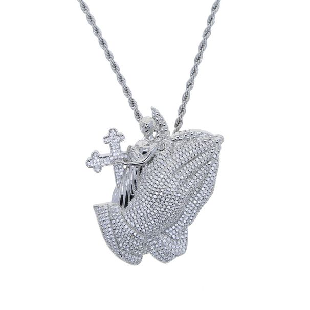 Men's Hip Hop Angel Cross Pendant Necklace With Prayer Hands Silver Gold Options - 61cm Chain Length Hip Hop Angel Hands Praying Pendant Necklace_ipsvogv.com
