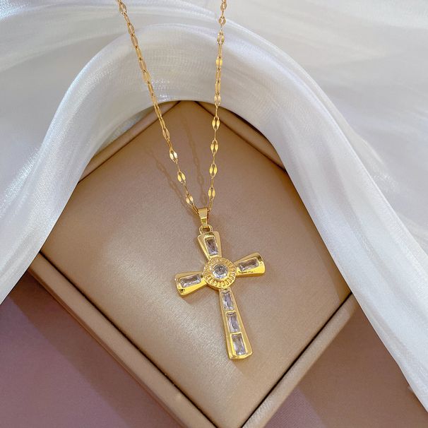 Steel 【 Titanium 】 Light Luxury Cross Minimally Micro Inlaid True Gold Necklace For Women, Ins Internet Celebrity 【 】 Women,_ipsvogv.com