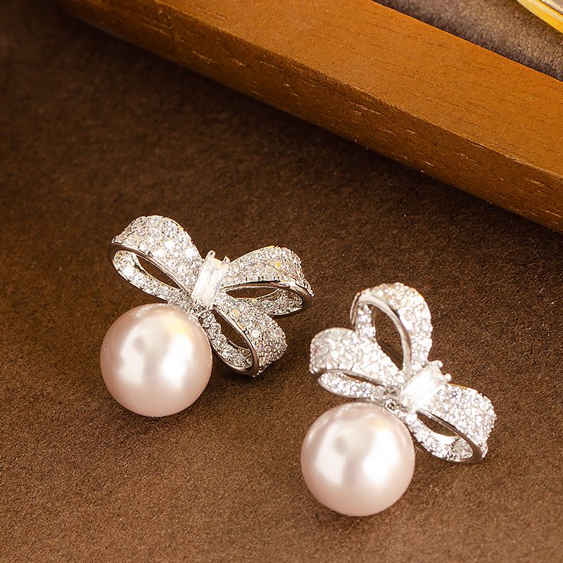 Sweet And Fragrant Style With Diamond Studded Sparkling Zircon Bow, Pearl Earrings, Feminine Charm, Versatile Silver_ipsvogv.com