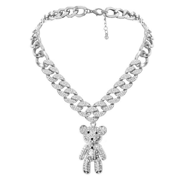 Fashion Rhinestone Bear Pendant Necklace Exaggerated Retro Diamond Cuban Clavicle Chain_ipsvogv.com