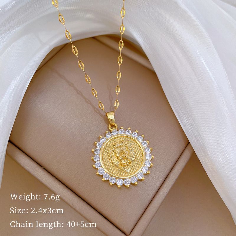 Titanium Steel 【 】 Round Lion Head Light Luxury Temperament Gorgeous Full Diamond Necklace Women's Versatile Collarbone 【 】_ipsvogv.com