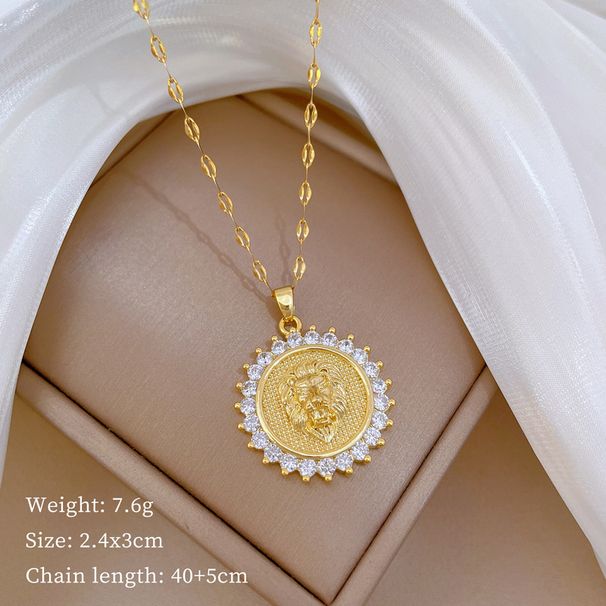 Titanium Steel 【 】 Round Lion Head Light Luxury Temperament Gorgeous Full Diamond Necklace Women's Versatile Collarbone 【 】_ipsvogv.com