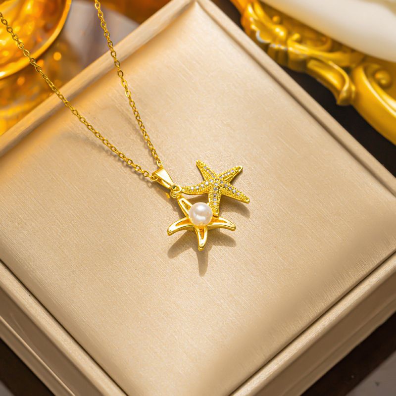 A Micro Inlaid Zirconia Sea Summer Star Pearl Pendant With Full Diamond, Titanium Steel Women's Collarbone Chain Jewelry_ipsvogv.com