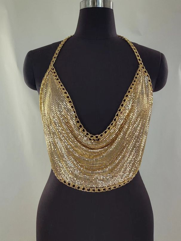 MW3206 European and American vest rhinestone inlaid sequins flat sheet metal chain splicing V-neck halter top vest_ipsvogv.com