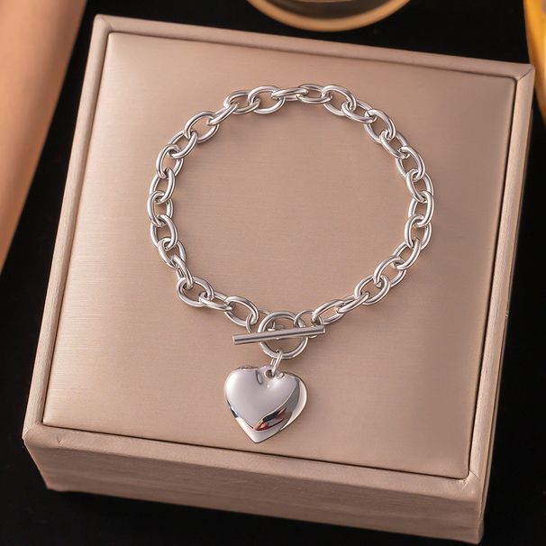 New Ins Simple Popular OT Buckle Smooth Surface Men's And Women's Titanium Steel Bracelet Versatile Heart Pendant_ipsvogv.com