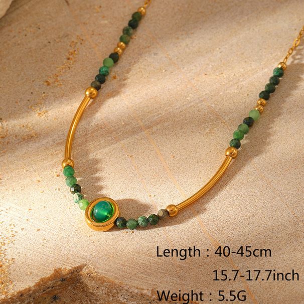 Natural Stone Beads Necklace - Gold Plated Stainless Steel Crystal Pendant Clavicle Chain Jewelry_ipsvogv.com