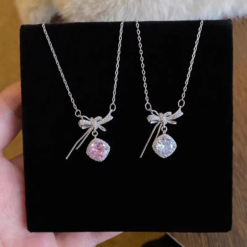 French Sweet Pink Diamond Sugar Cube Bowknot Ribbon Necklace For Women Fashion Collarbone Chain Birthday Valentine's Day_ipsvogv.com