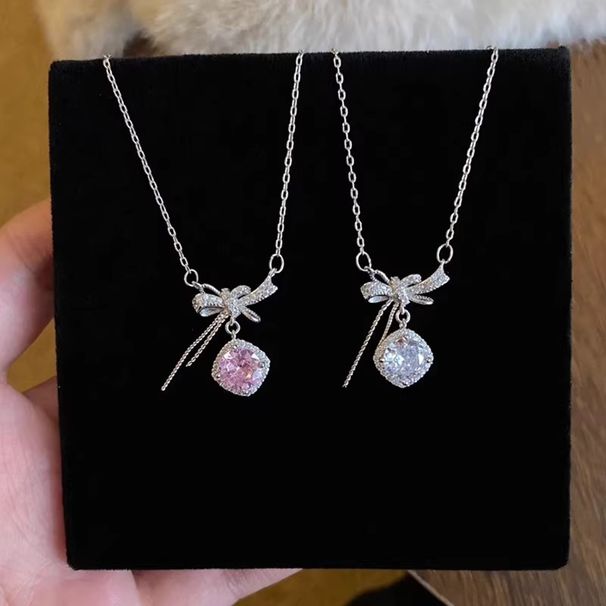 French Sweet Pink Diamond Sugar Cube Bowknot Ribbon Necklace For Women Fashion Collarbone Chain Birthday Valentine's Day_ipsvogv.com