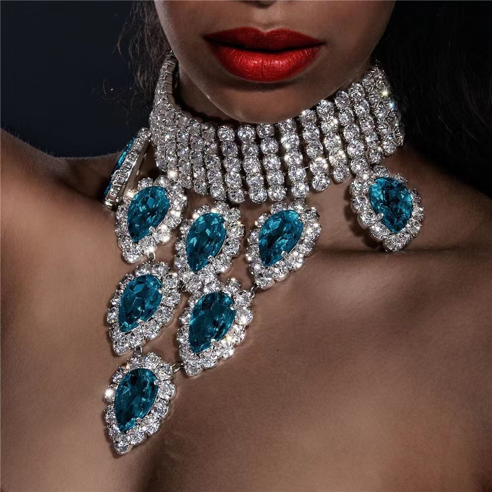 Luxury blue diamond tassel necklace Summer new water drop multi layer sexy accessories necklace for women_ipsvogv.com