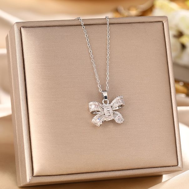 Korean Fashion Titanium Steel Necklace, Female Internet Celebrity, Same Style Micro Inlaid Zircon Bow Pendant, High-end_ipsvogv.com