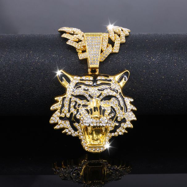 Unisex Cool Three Dimensional Full Diamond New Oil Painting Tiger Head Pendant Trendy Personality Men's Hip Hop Necklace_ipsvogv.com