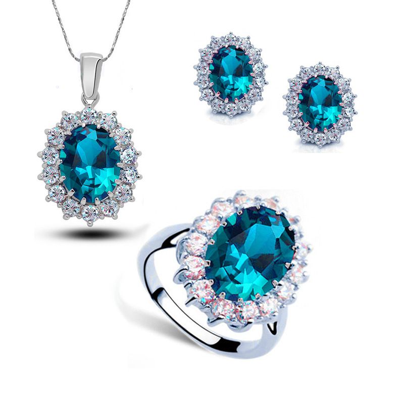 Women's Jewelry Set British Princess Sapphire Jewelry Necklace Earrings Ring Zircon Jewelry Set_ipsvogv.com
