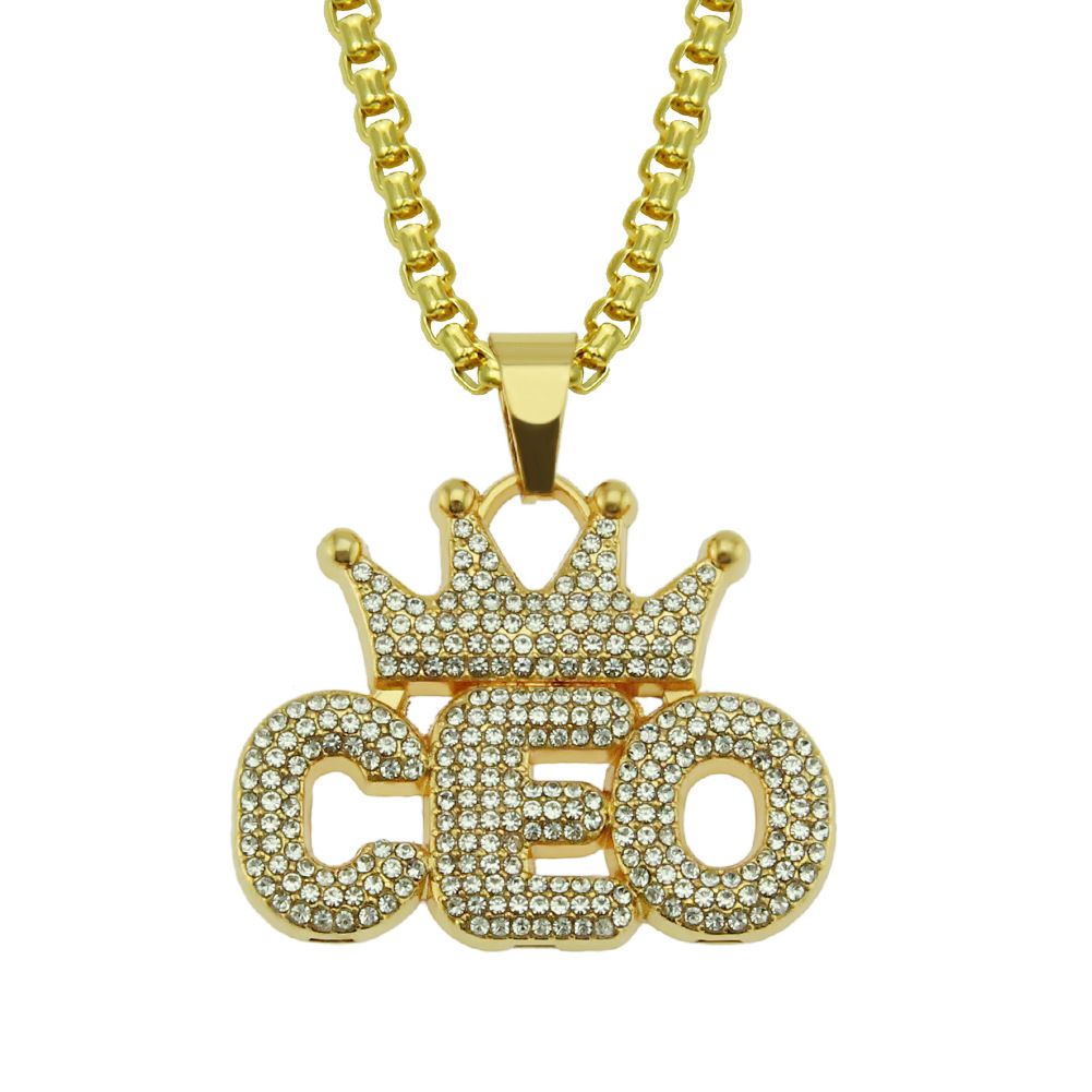 Creative Diamond Crown Splicing English Letter Pendant Necklace Hip Hop Trendy Men's Jewelry_ipsvogv.com