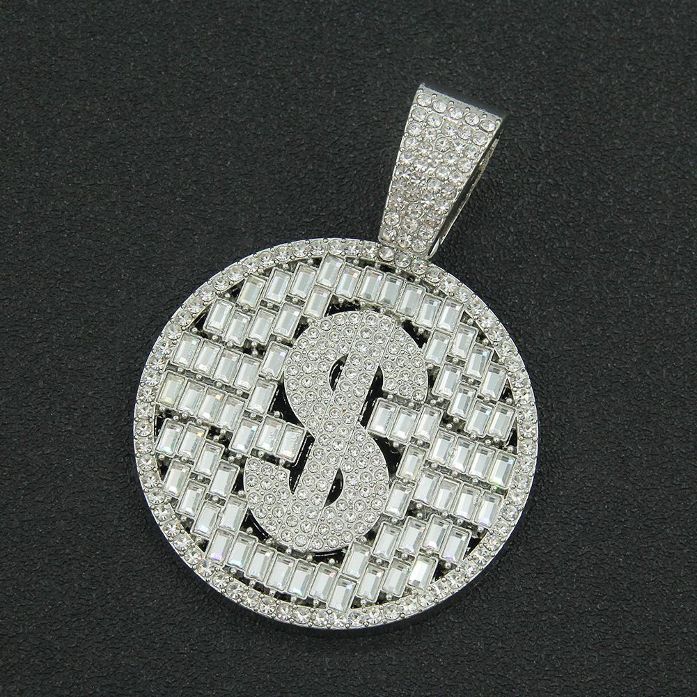 Hip Hop Full Diamond US Dollar Round Card Hollow out Pendant Cuban Chain Necklace Men's Cool and Dominant Exaggerated_ipsvogv.com
