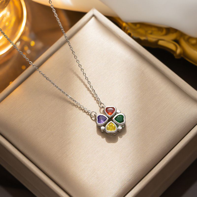Titanium Steel Micro Inlaid Colorful Openable Clover Pendant Necklace For Women In South Korea, Small And Minimalist,_ipsvogv.com