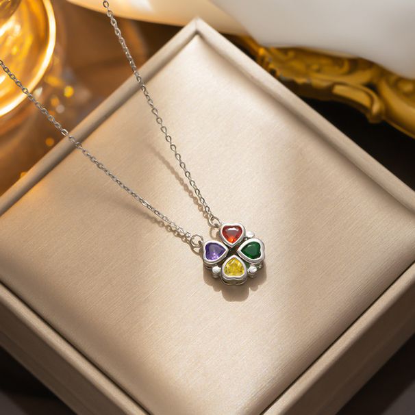Titanium Steel Micro Inlaid Colorful Openable Clover Pendant Necklace For Women In South Korea, Small And Minimalist,_ipsvogv.com