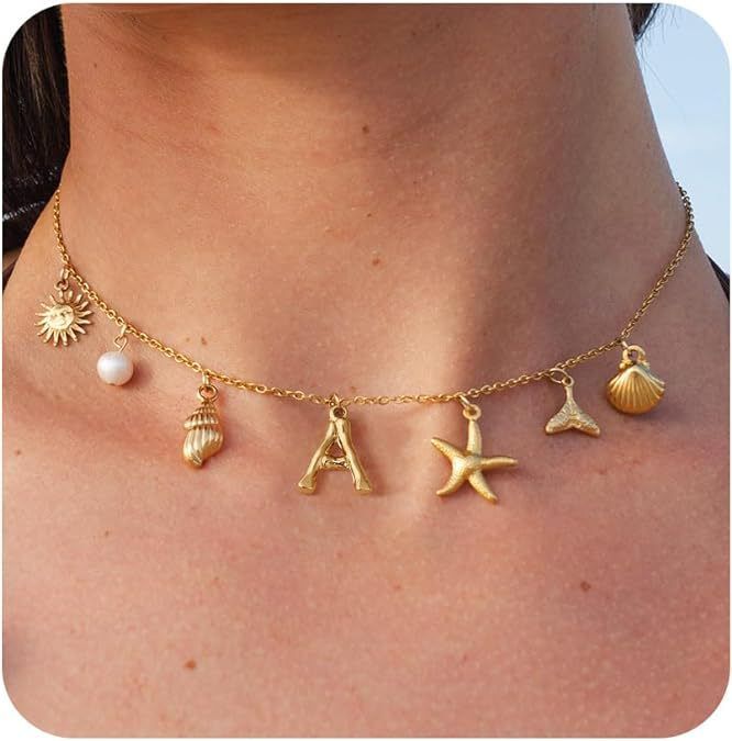 Beauty Fishtail Pearl A-Z Letter Necklace Gold Starfish Conch Conch Choker Charm Summer Seashells Beach Starfish Surfer Hand jewelry girl gift_ipsvogv.com
