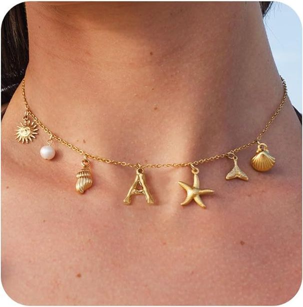 Beauty Fishtail Pearl A-Z Letter Necklace Gold Starfish Conch Conch Choker Charm Summer Seashells Beach Starfish Surfer Hand jewelry girl gift_ipsvogv.com