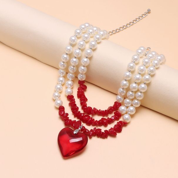 Exaggerated Turquoise Pearl Chain Personalized Artificial Crystal Heart Pendant Necklace For Women_ipsvogv.com