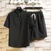 Men's Clothing two-piece suit stand-up collar retro short-sleeved suit casual solid color cotton and linen two-piece suit_ipsvogv.com
