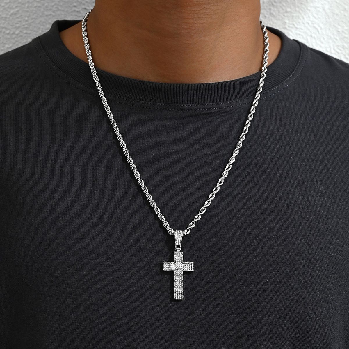 Hip Hop Full Dia Cross Pendant Couple Necklace Fashion OL Trendy Men's Cuban Chain Neckchain_ipsvogv.com