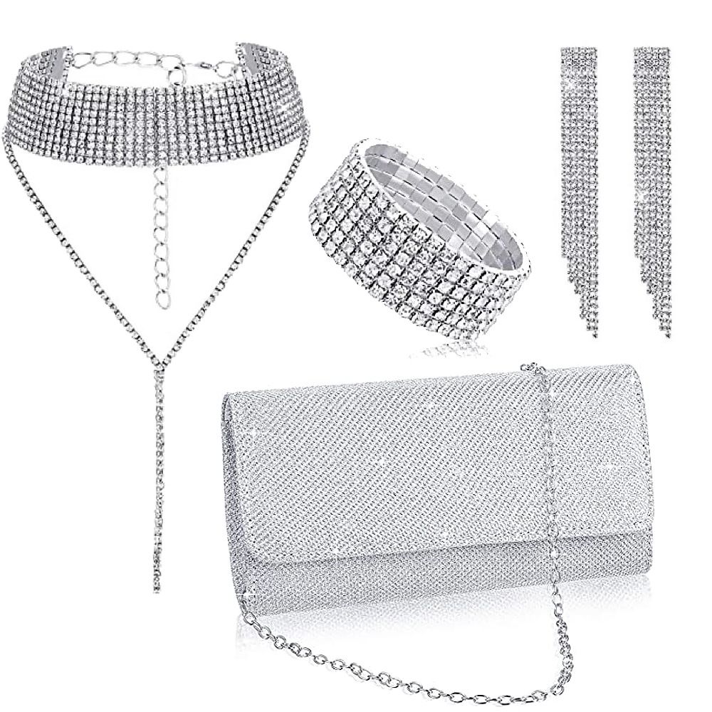 Evening bag jewelry four piece set full diamond tassel bracelet earrings necklace bag fashionable women_ipsvogv.com