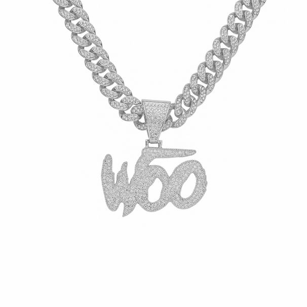 INS Trendy Hip Hop Alloy Necklace with Diamonds and Exaggerated WOO Letter Pendant Personalized Accessories_ipsvogv.com