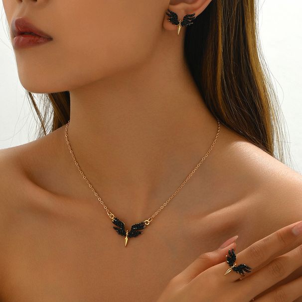 Fashion OL women's ring set, personalized angel wing drip oil design earrings long necklace_ipsvogv.com