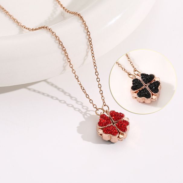 Red and black love pendant, four leaf grass necklace, female titanium steel personality niche, versatile jewelry, double_ipsvogv.com