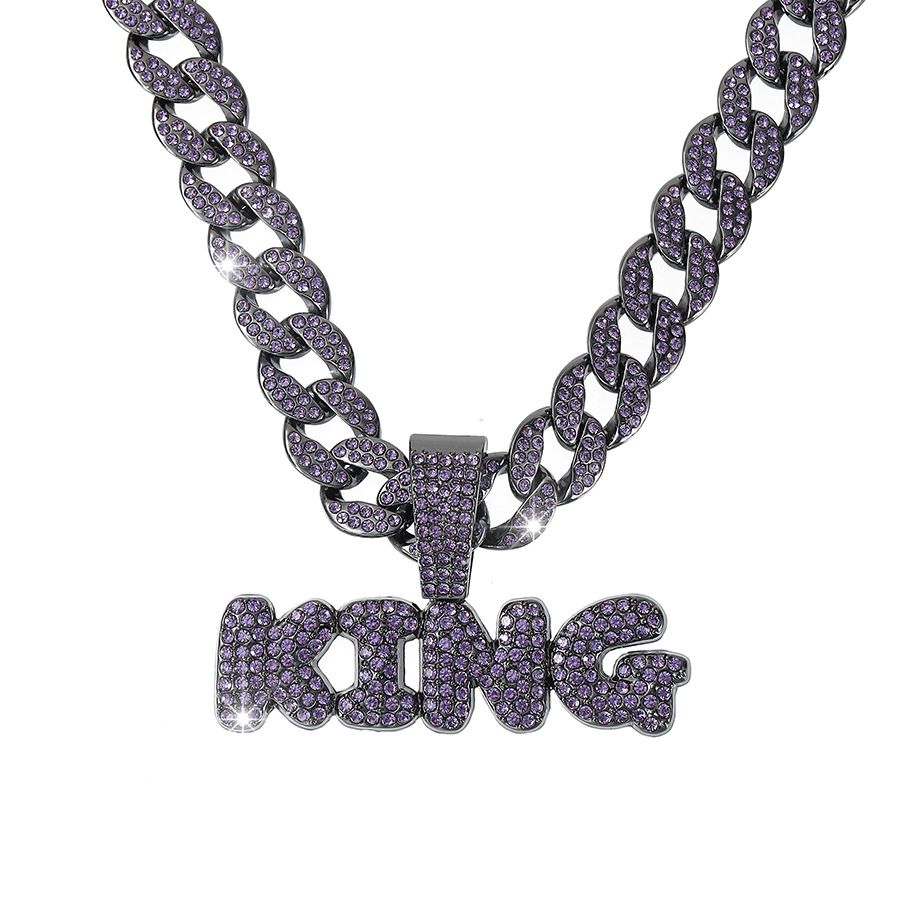Hip Hop Exaggerated Purple Full Letter King Pendant Necklace For Men's Cool Cuban Diamond Embellishments_ipsvogv.com
