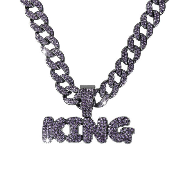 Hip Hop Exaggerated Purple Full Letter King Pendant Necklace For Men's Cool Cuban Diamond Embellishments_ipsvogv.com