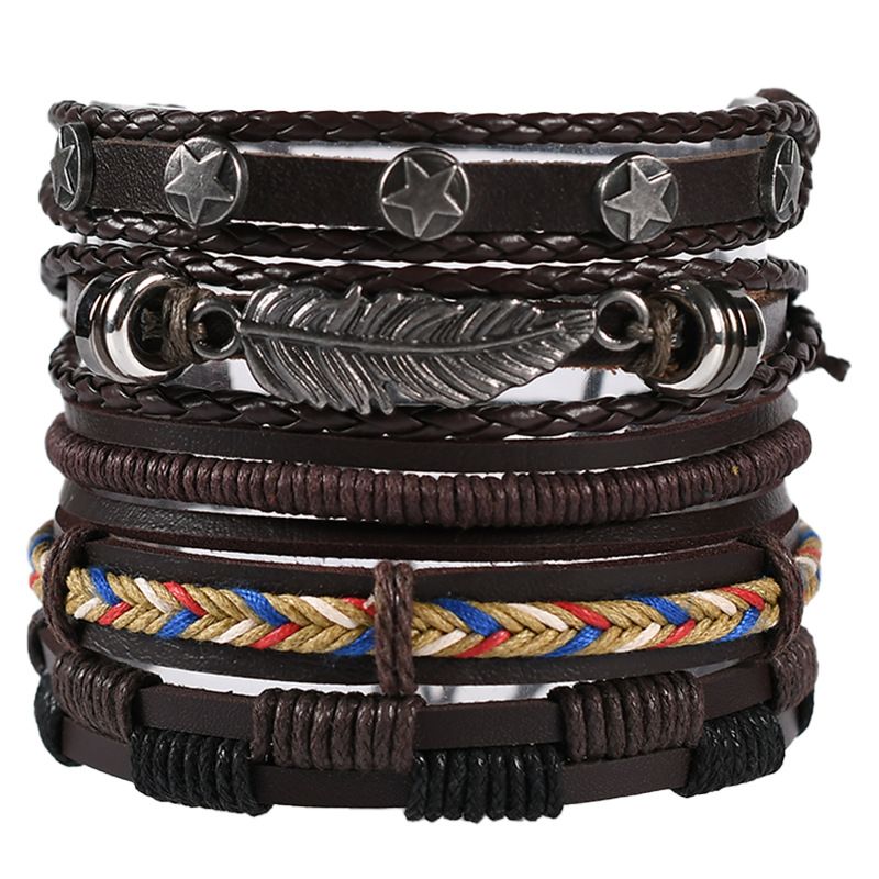 Men's Jewelry Retro Braided Leather Bracelet Leaf Star Combination Set Bracelet_ipsvogv.com