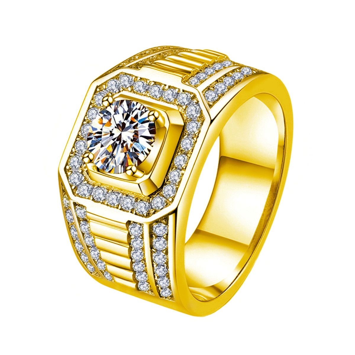 Plated Dominant Full Business Men's Ring, Color-Retaining Double Row Inlaid Diamond Engagement Ring_ipsvogv.com