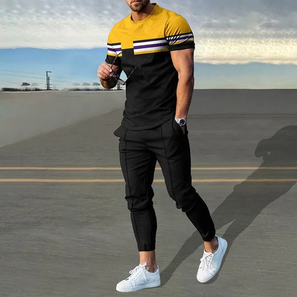 Men's Clothing casual short-sleeved suit 3D digital printing color stripes fashion short-sleeved trousers suit_ipsvogv.com