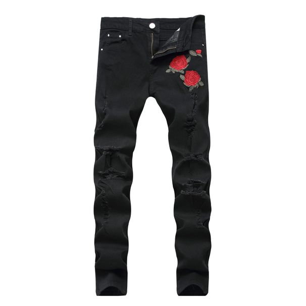 Men's Clothing new men's embroidered rose denim ripped black pants slim fit feet elastic trousers_ipsvogv.com