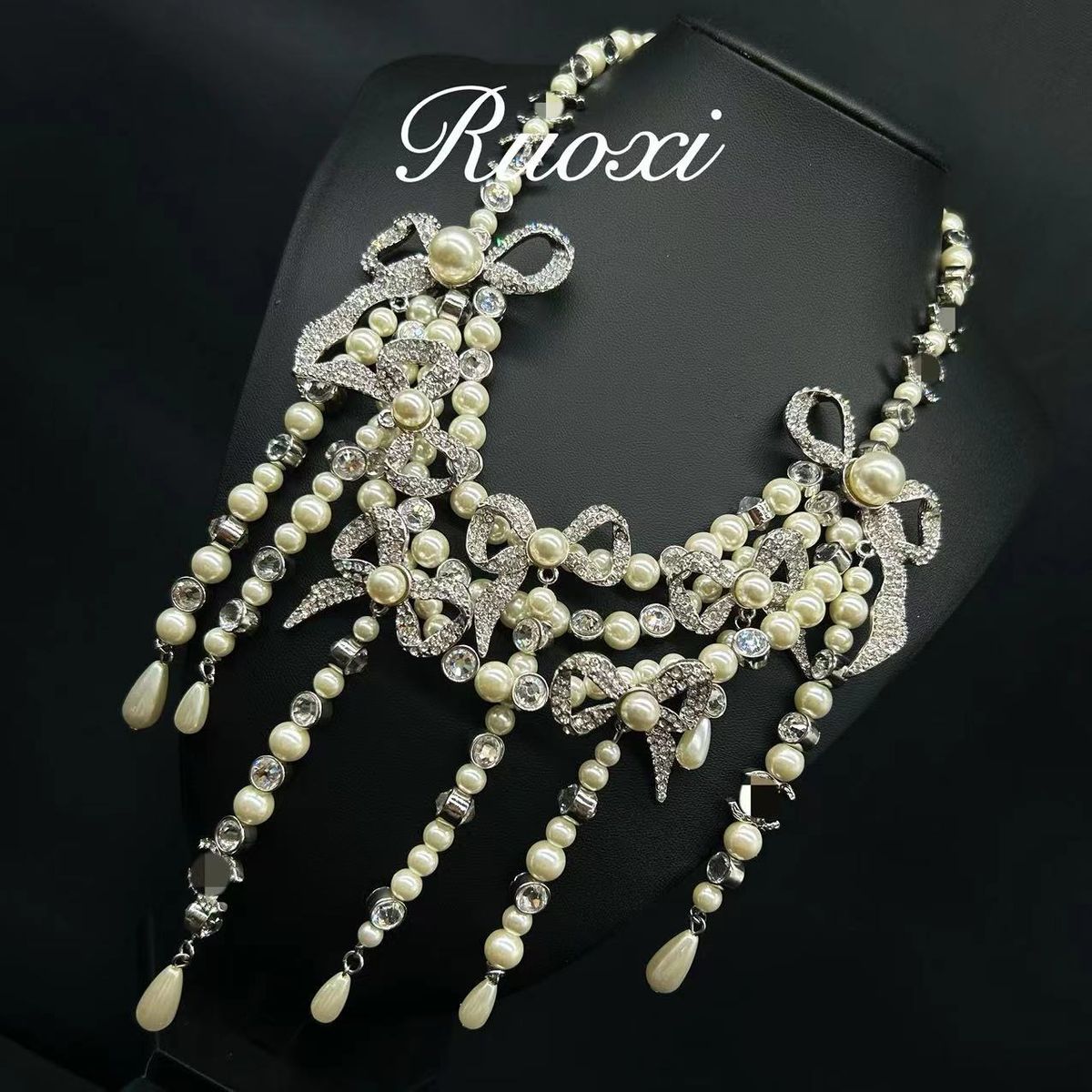 Ruoxi Medieval Vintage Fragrant Bow, Glass Pearl, Western High Grade French Antique Exaggerated Necklace_ipsvogv.com