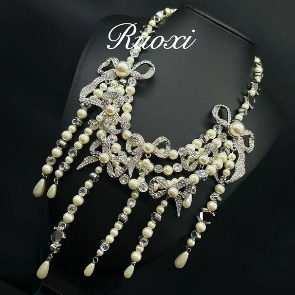 Ruoxi Medieval Vintage Fragrant Bow, Glass Pearl, Western High Grade French Antique Exaggerated Necklace_ipsvogv.com