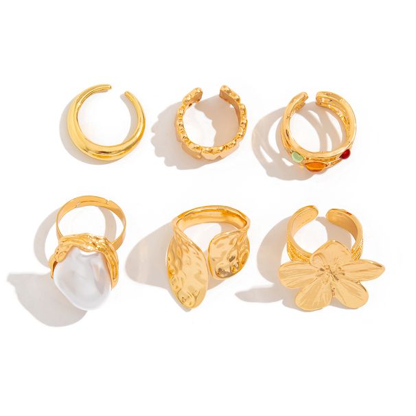 6-Piece Baroque Flower Pearl Ring Set, Trendy Personality Fashion Internet Celebrity Style Ring Combination_ipsvogv.com