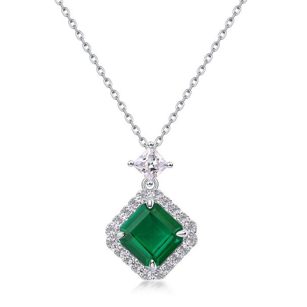 Square cultivated emerald retro pendant S925 silver full inlaid with brilliant colored gemstone pendant light luxury_ipsvogv.com