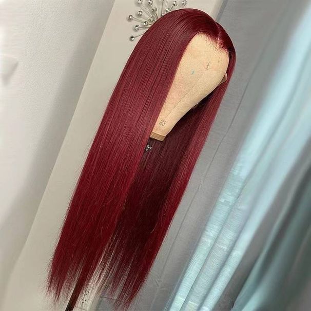 Wig woman wine red long straight hair with long bangs fashion chemical fiber headgear_ipsvogv.com