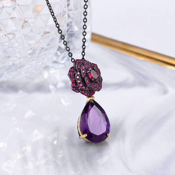 Rose Tears Flower Pendant Natural Amethyst Gemstone Necklace Female Silver Clavicle Chain Temperament Light Luxury Necklace_ipsvogv.com