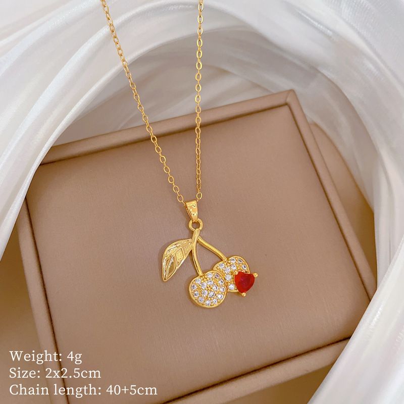 【 】 Red Cherry Light Luxury Charm Gorgeous Full Diamond Necklace Women's Versatile Clavicle Titanium Steel Chain_ipsvogv.com
