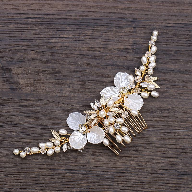 Headdress Elegant Pearl Flower Hair Comb With Gold Leaves - Bridal Hair Accessories For Weddings, Parties & Special Occasions Hair Comb Bridal_ipsvogv.com