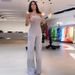 Women's Clothing summer new fashion slanted shoulder collar waist solid color wide leg jumpsuit for women_ipsvogv.com