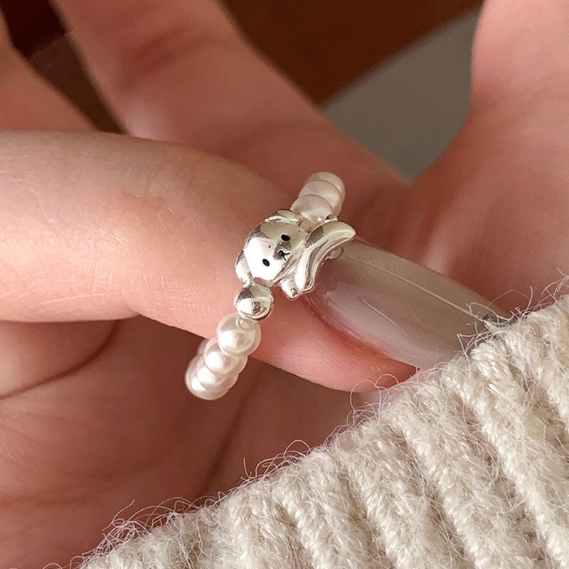 Cute And Playful Little Dog Pearl Elastic Rope Female Niche Design, Cute, Exquisite, Fashionable, Versatile Ring, Ring_ipsvogv.com