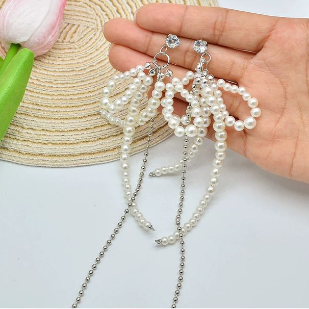 Unisex Exaggerated Pearl Bow Chain Tassel Earrings New Style Unique Personality Earrings Light Luxury Exquisite_ipsvogv.com