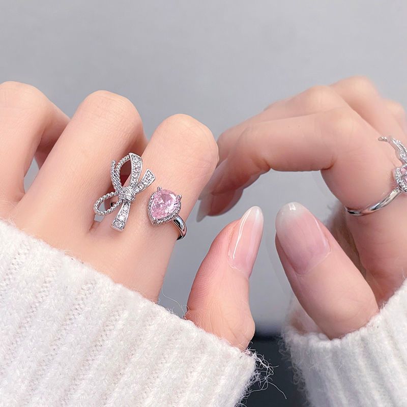 Full Pink Diamond Bow Zircon Series Open Ring With Flower Light Luxury And Premium Sense, Niche Design Ring Sense,_ipsvogv.com